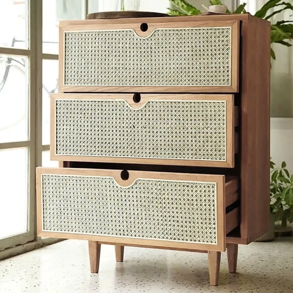 Mid Century Modern Natural 3 Drawers Chest Rattan Woven in Small