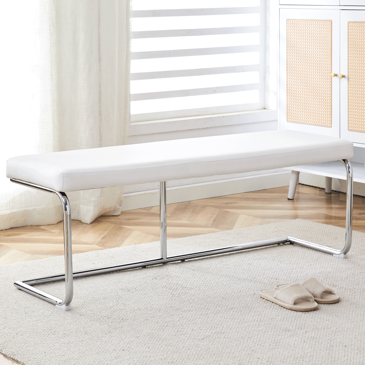 Versatile White Shoe Changing Stool with Silver Metal Legs Multi-Purpose for Entryway and Bedroom