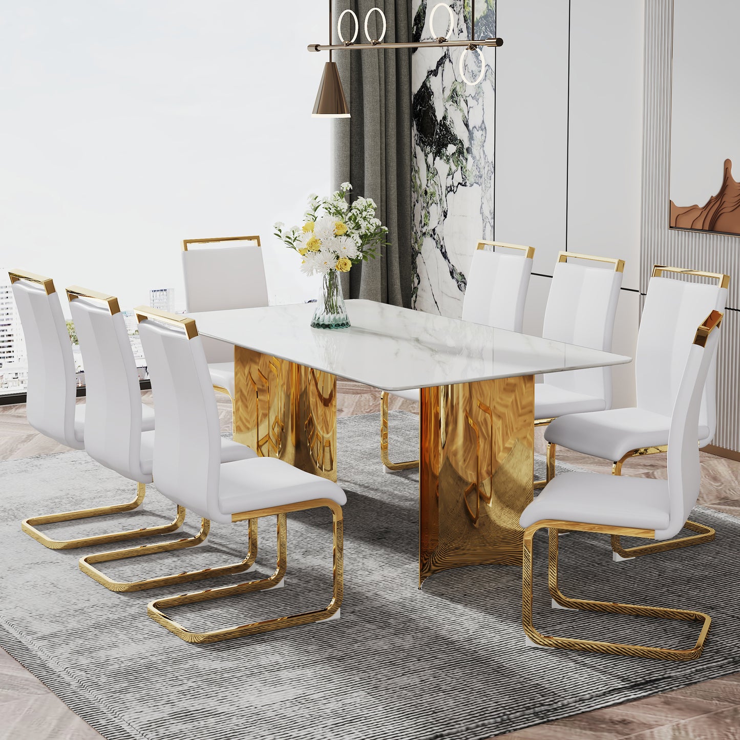 Stylish 71" Minimalist Dining Table with White Imitation Marble Glass Surface and Gold Metal Legs - Ideal for Dining Areas and Living Spaces