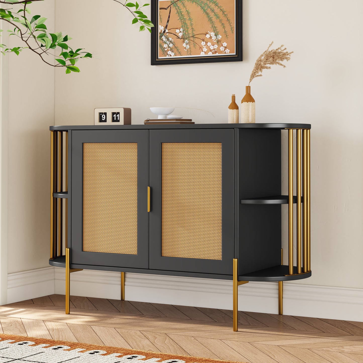 TREXM 2-Door Elegant Curved Dining Cabinet with Gold Trim and Woven Rattan Doors for Dining Room (Black)