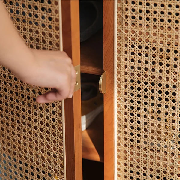 800mm Japandi Walnut Rattan Shoe Cabinet 2-Door 4-Shelf Shoe