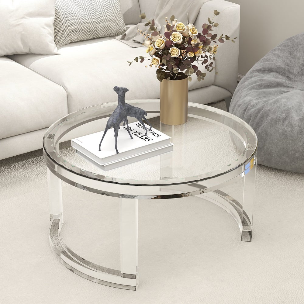 31.5" Modern Round Acrylic Coffee Table for Living Room with Tempered Glass Top