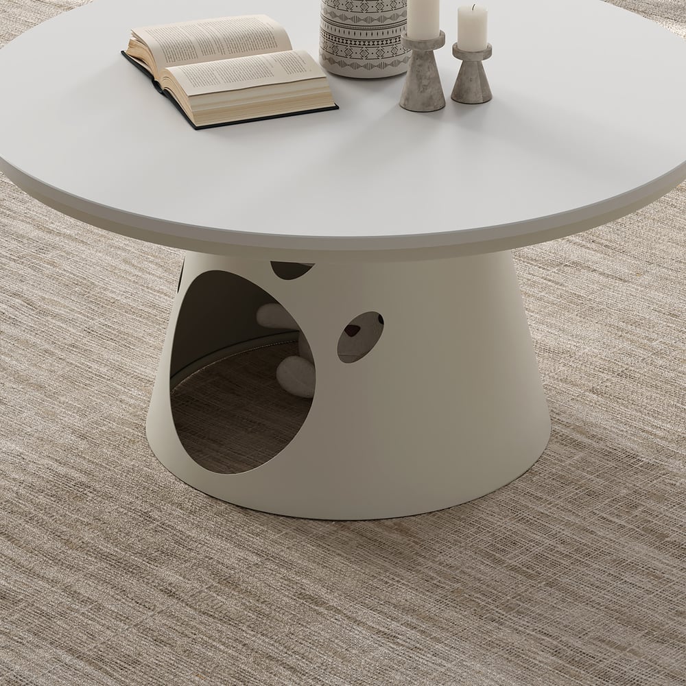 31.5" Round Stone Top Coffee Table with Cat House