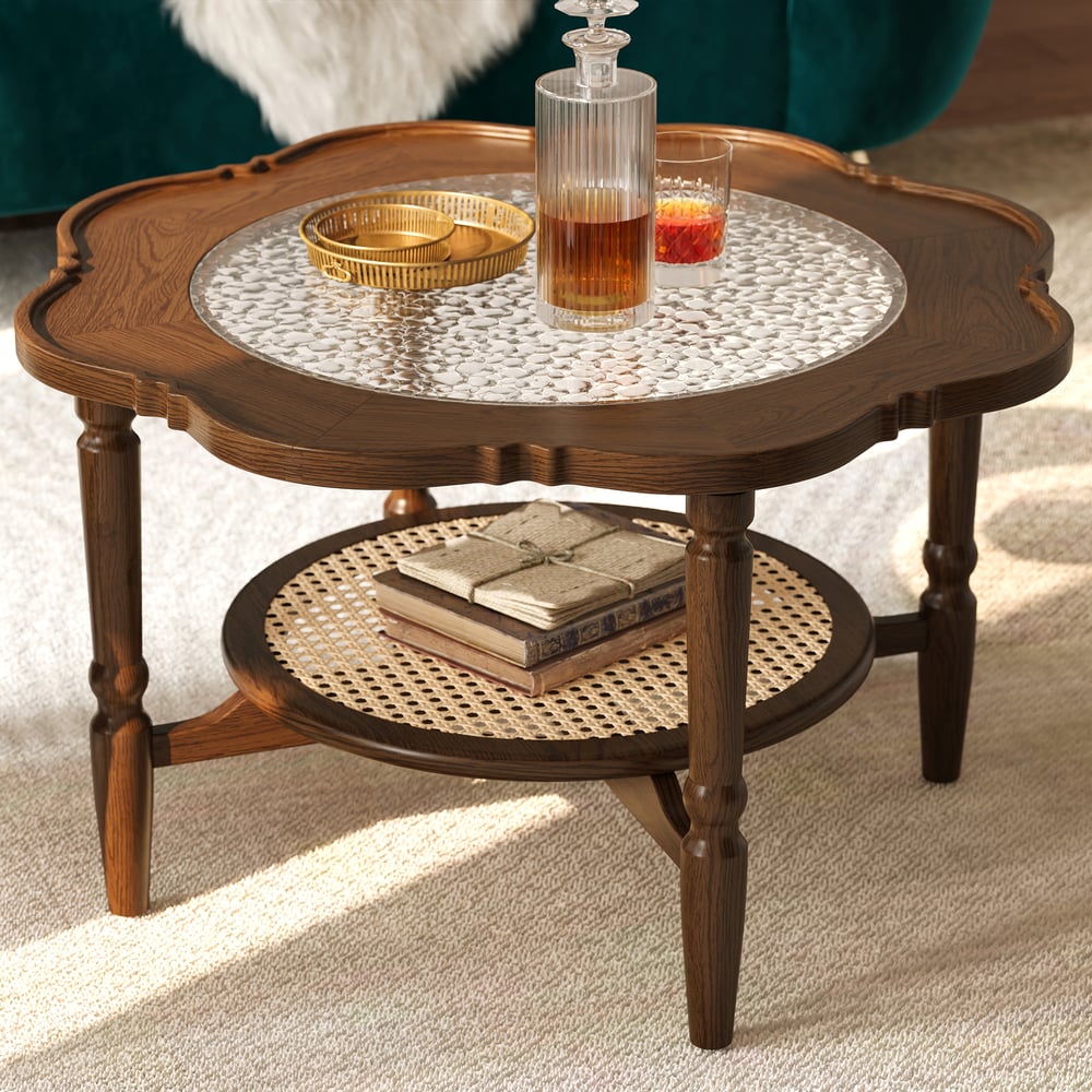 31.5" Walnut Glass Top Wood Rattan 2-Tiered Coffee Table