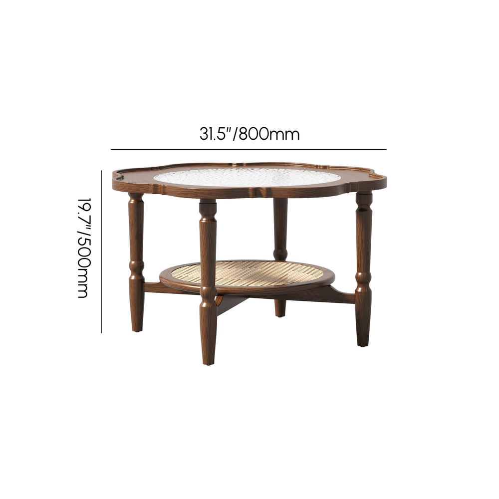 31.5" Walnut Glass Top Wood Rattan 2-Tiered Coffee Table