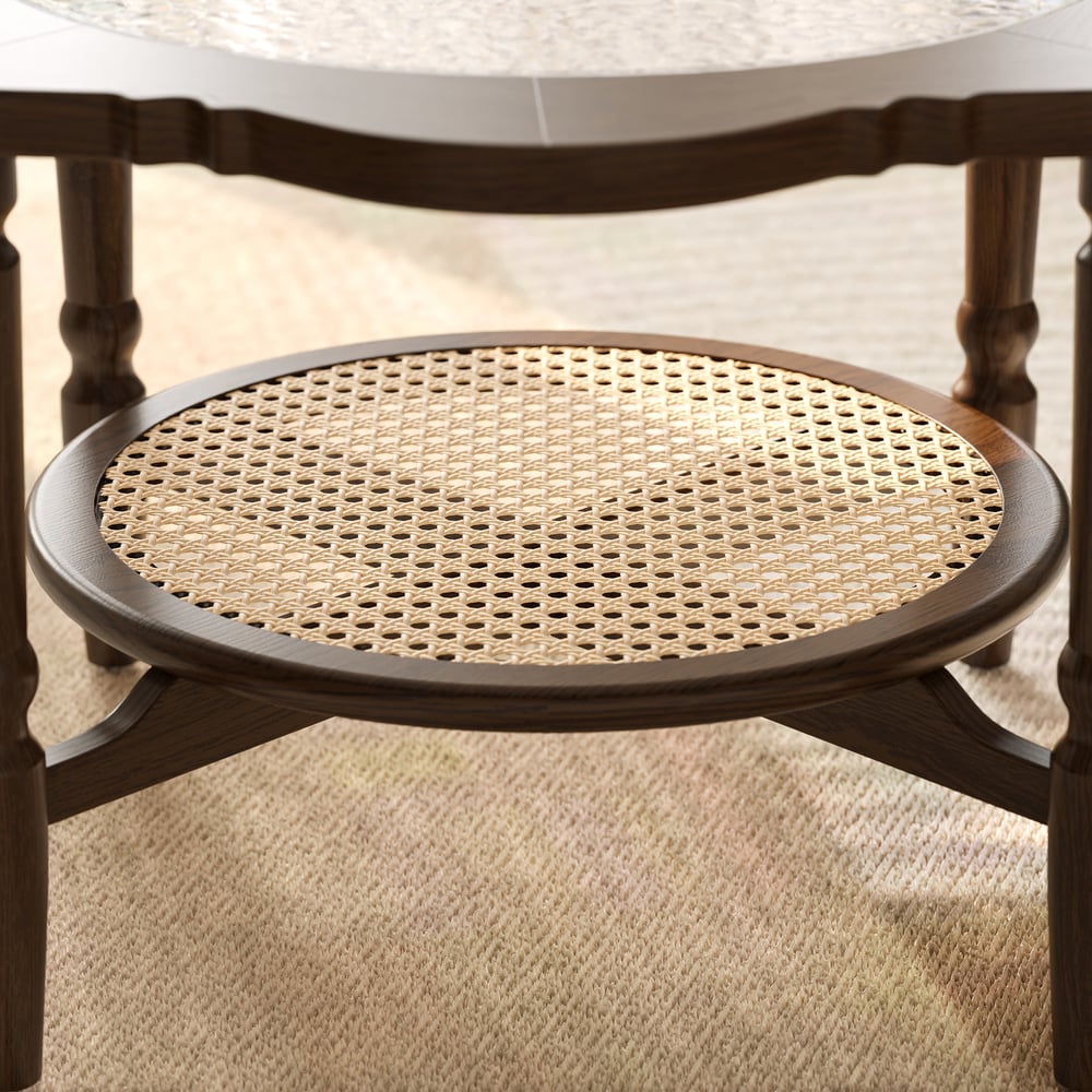 31.5" Walnut Glass Top Wood Rattan 2-Tiered Coffee Table