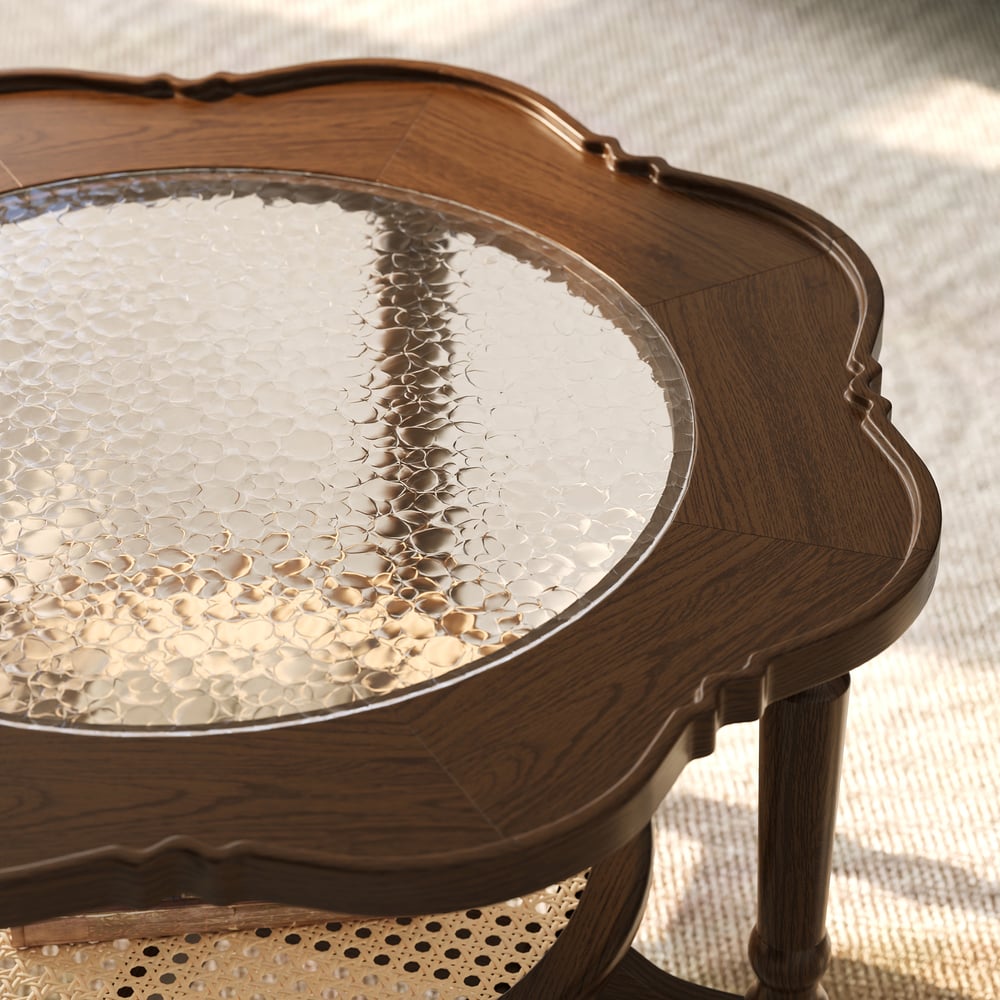 31.5" Walnut Glass Top Wood Rattan 2-Tiered Coffee Table