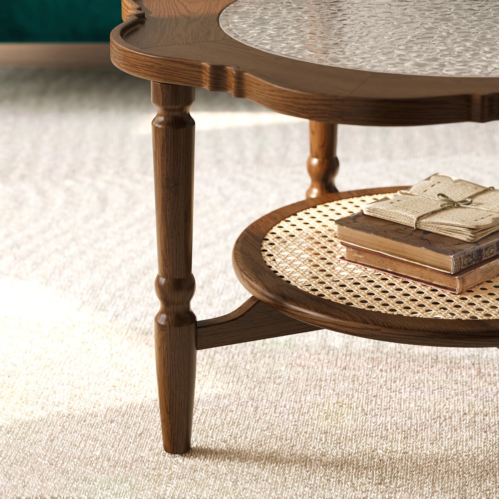 31.5" Walnut Glass Top Wood Rattan 2-Tiered Coffee Table