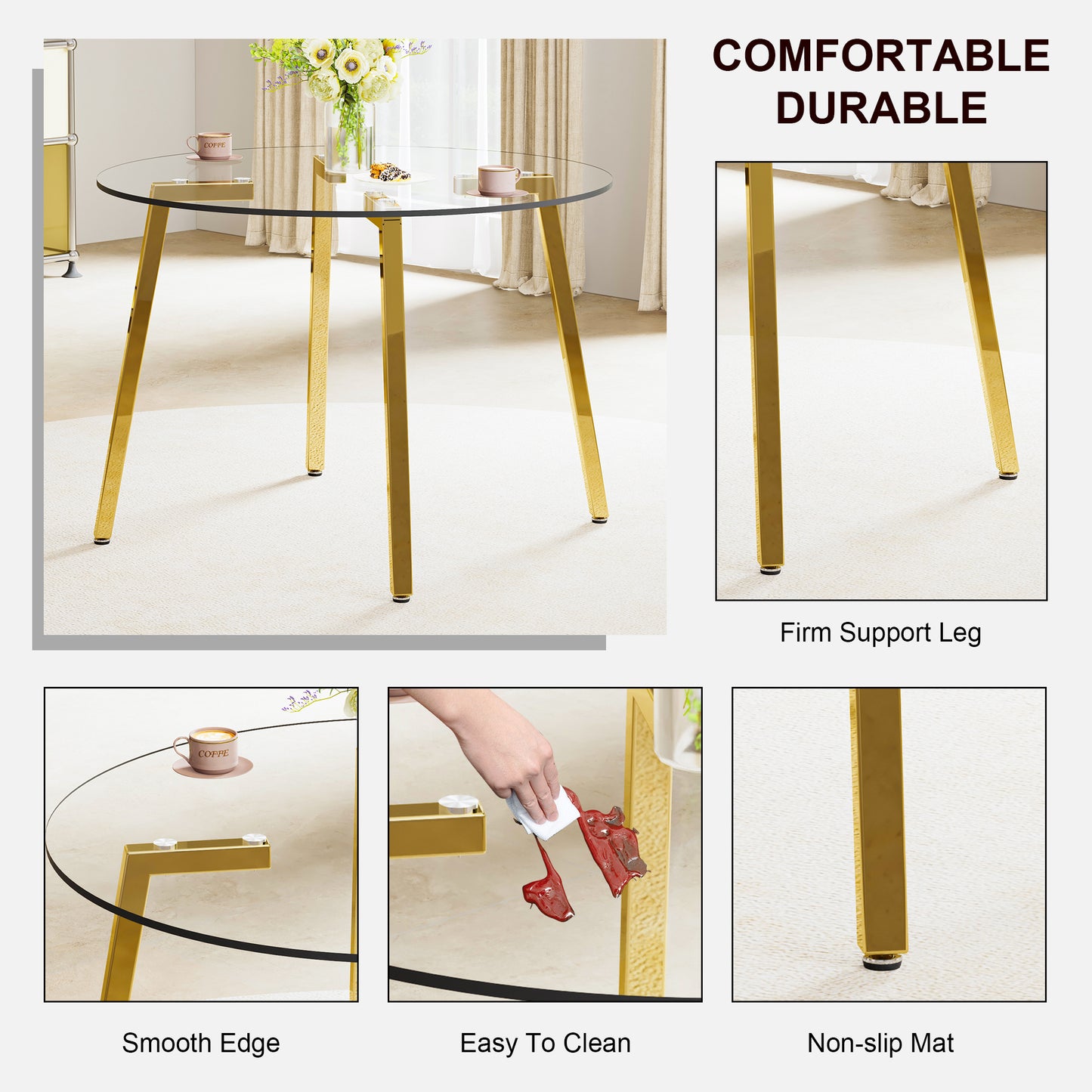 Modern Minimalist Circular Tempered Glass Table with Golden Metal Legs - Perfect for Kitchen, Dining Room