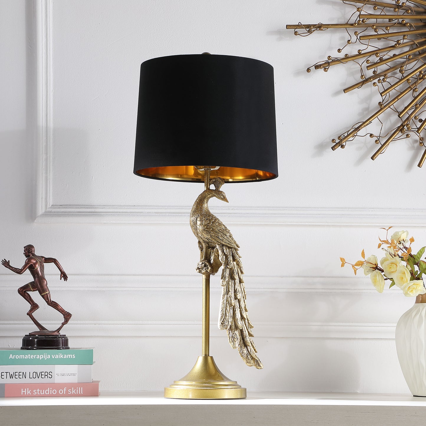 29" Modern Elegance Golden Peacock On Pedestal Polyresin Table Lamp