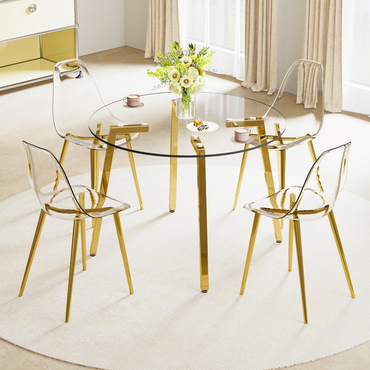 Modern Minimalist Circular Transparent Tempered Glass Table with Golden Metal Legs - Perfect for Kitchen, Dining Room