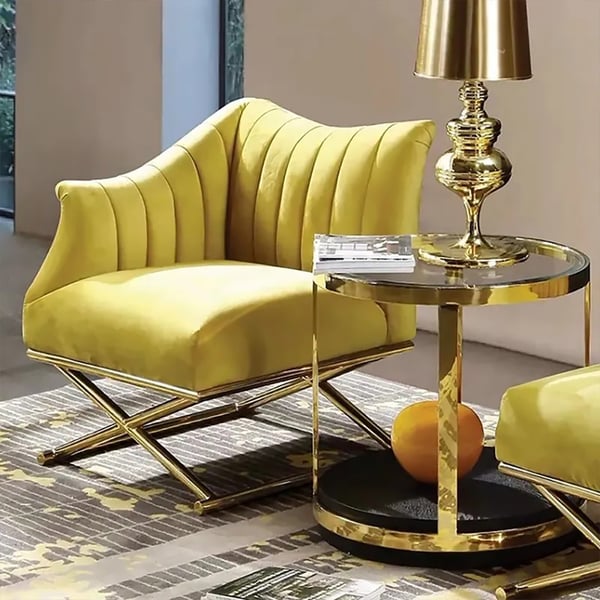 Yellow Velvet-upholstered Accent Chair in Gold Legs Style in A Right Side Chair