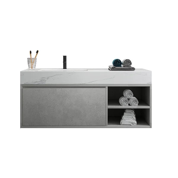 Meuble-lavabo flottant de 47 po gris et blanc avec porte de rangement pour lavabo simple et dessus