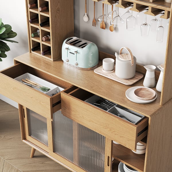 Armoire de garde-manger autoportante moderne de 67 po de hauteur du milieu du siècle avec huche de rangement naturelle