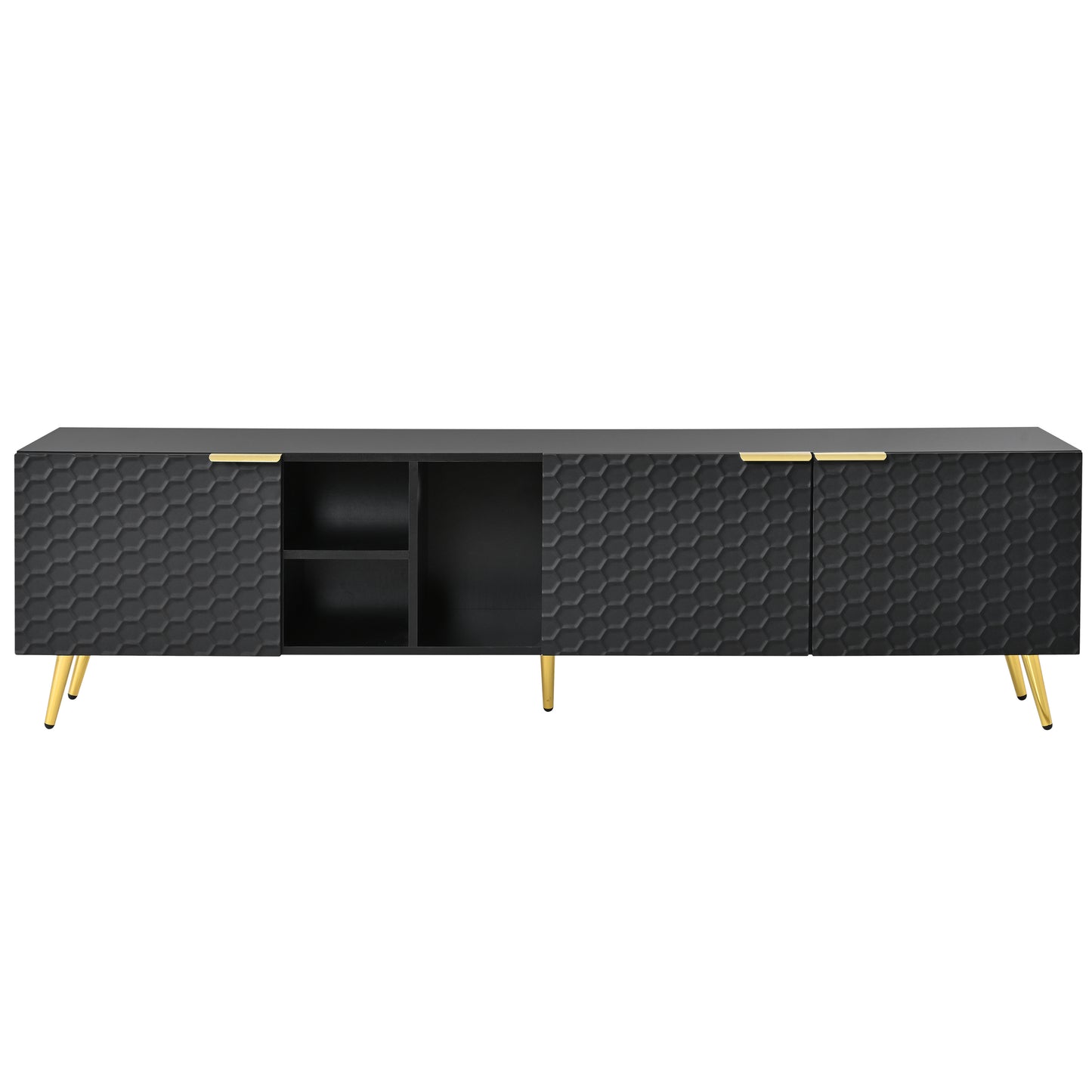 ON-TREND Modern Minimalist Geometric TV Cabinet with Metal Handles and Gold Legs for TVs Up to 80'', Multi-functional TV Stand with Storage Cabinets, Entertainment Center for Living Room, Black