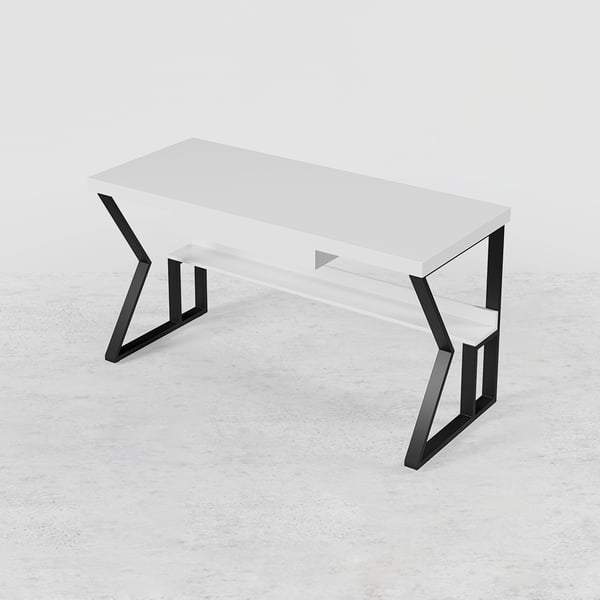 White Wooden Writing Desk Computer Desk with Shelf & Drawer Black Legs