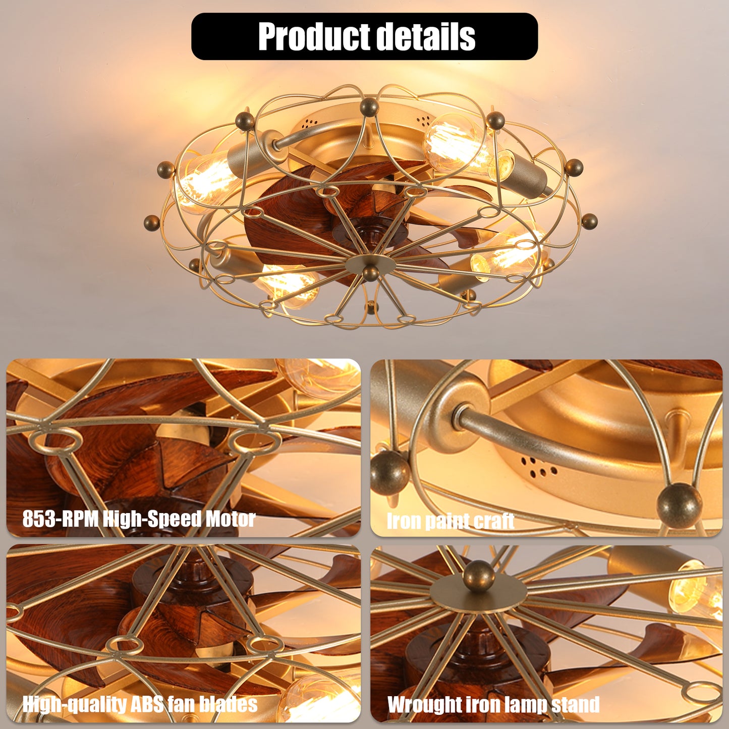 Stylish Low Profile Caged Ceiling Fan with Remote & Lights