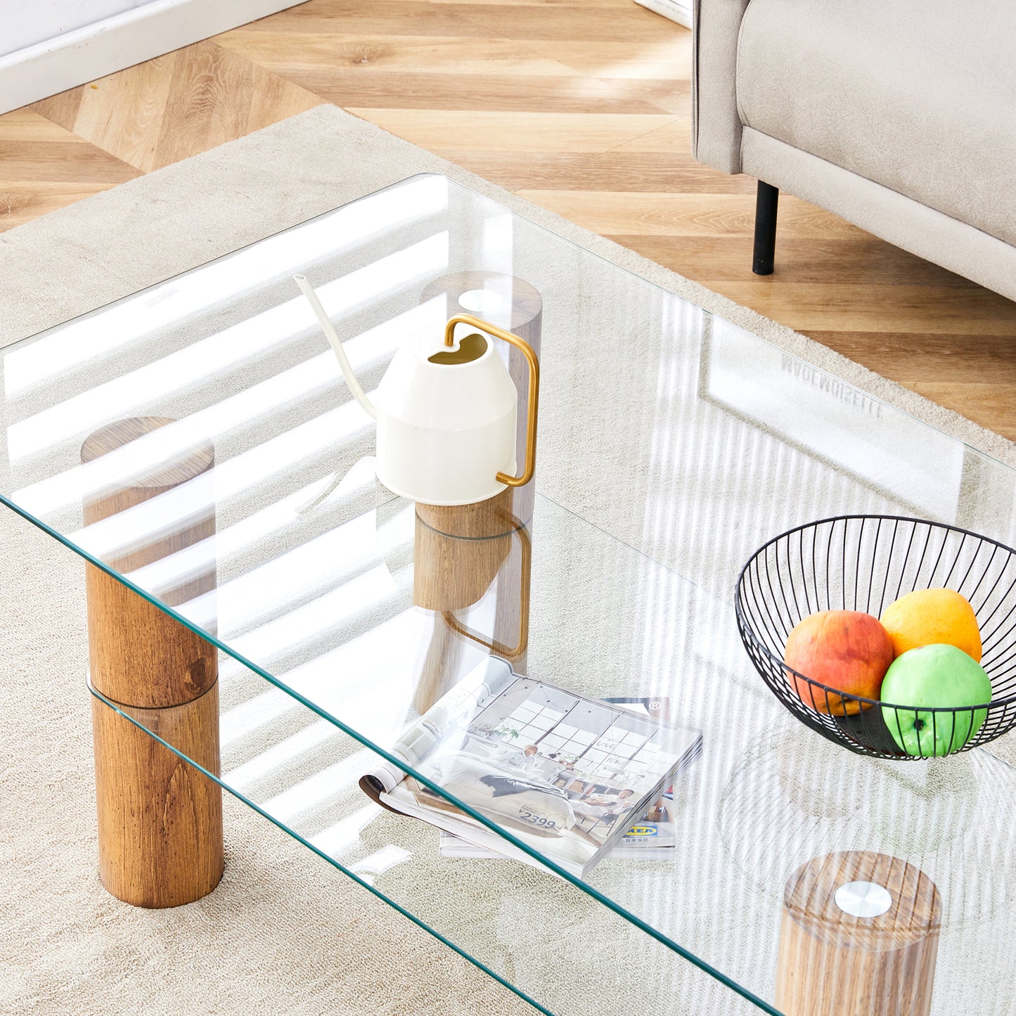 Modern Minimalist Double-Layer Transparent Tempered Glass Coffee Table with Wooden MDF Decorative Columns