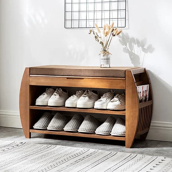 32.3 Inch Upholstered Bench with Flip Top Storage and 2 Shelves Shoe Rack Bench