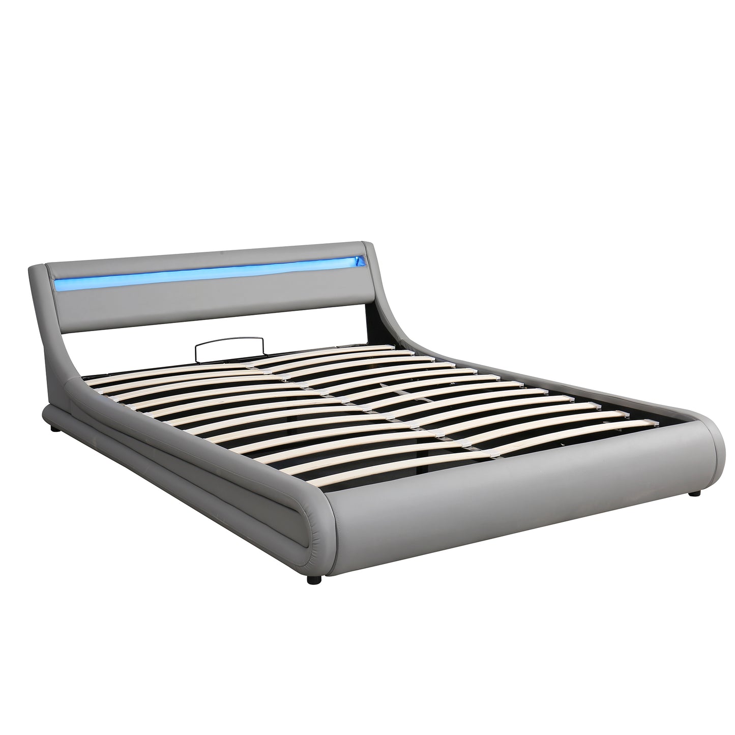 Upholstered Faux Leather Platform bed with a Hydraulic Storage System with LED Light Headboard Bed Frame with Slatted Queen Size