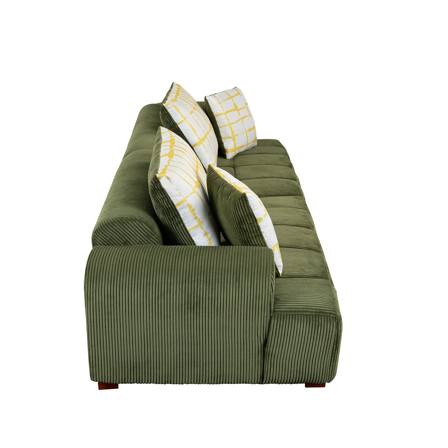 103.9" Modern Couch Corduroy Fabric Comfy Sofa with Rubber Wood Legs, 4 Pillows for Living Room, Bedroom, Office, Green