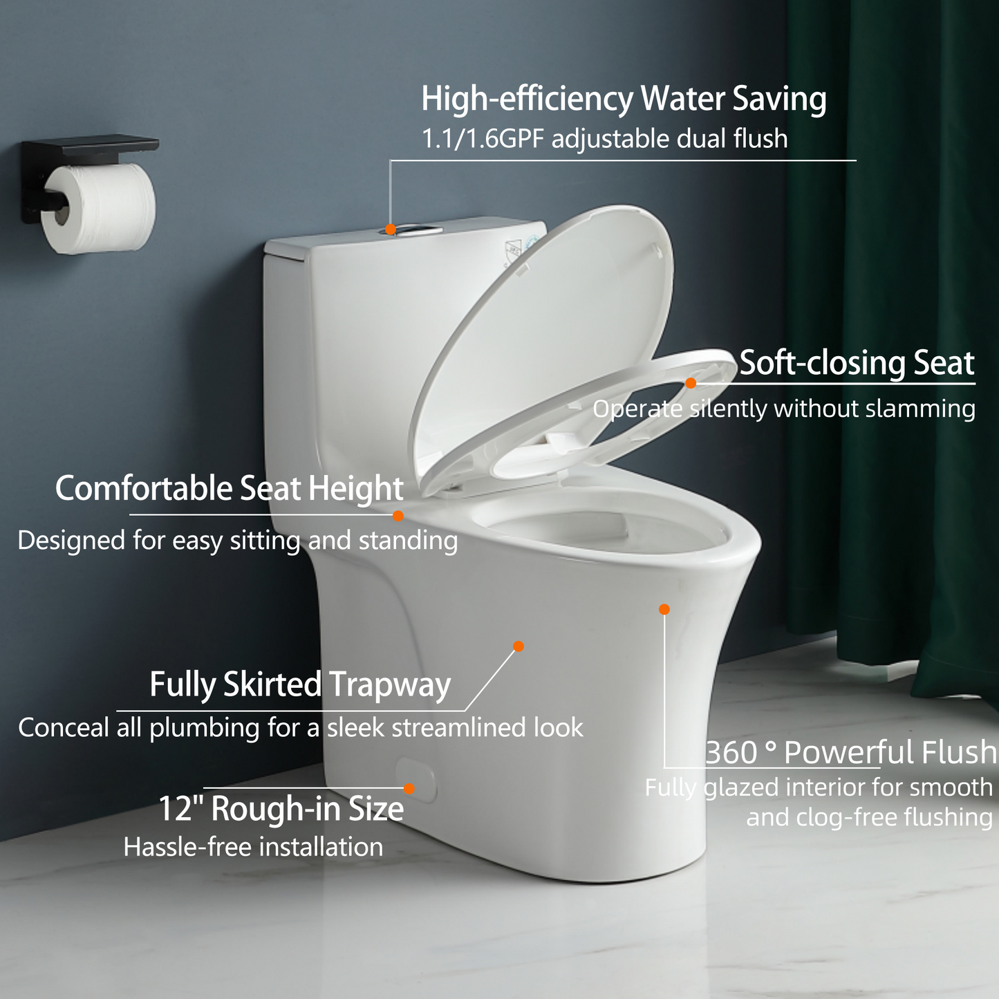 Water-Saving 1.1/1.6 GPF Dual-Flush One-Piece Toilet – Elongated Comfort Height with Soft-Close Seat