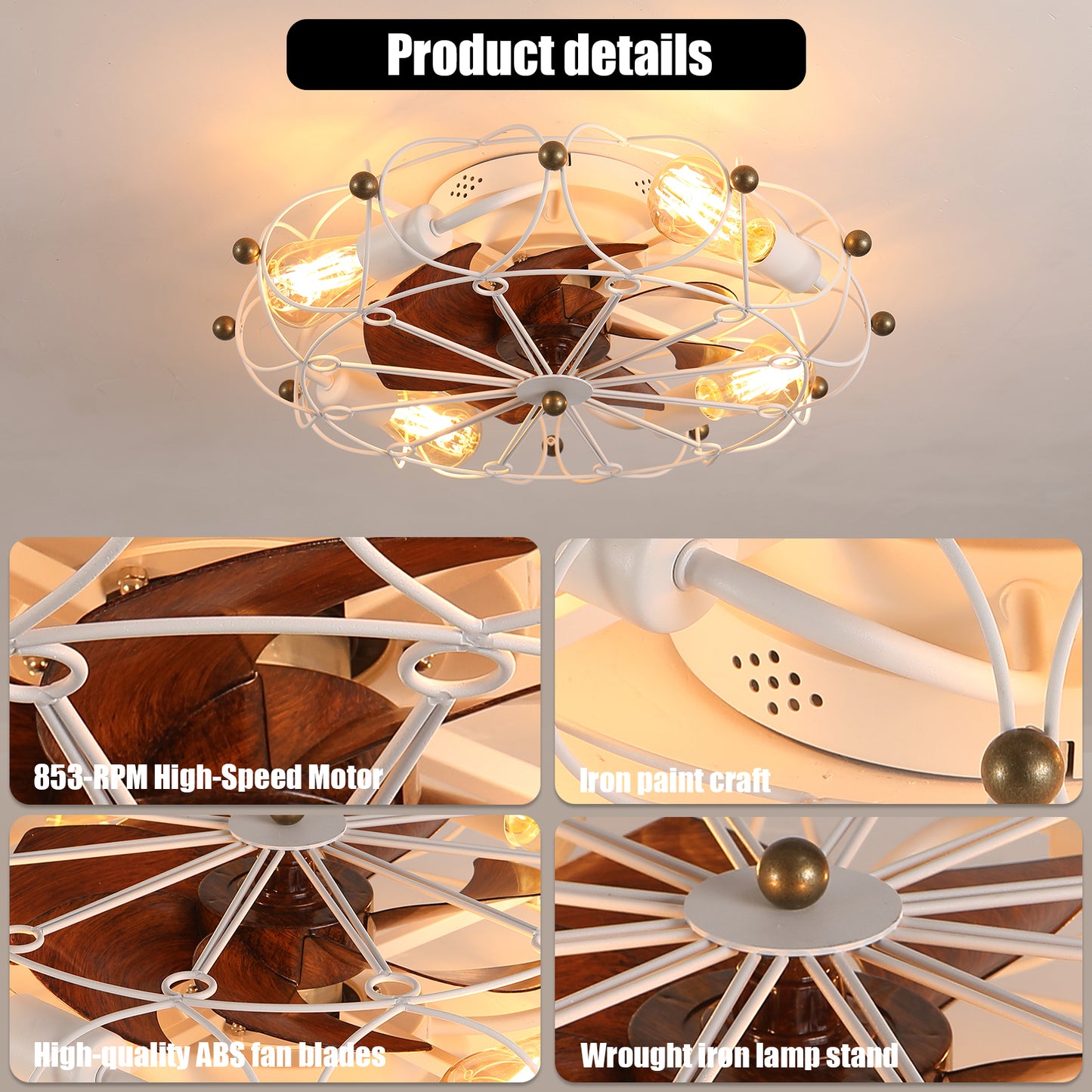 Sleek Low Profile Caged Ceiling Fan with Lights & Remote - Industrial Style