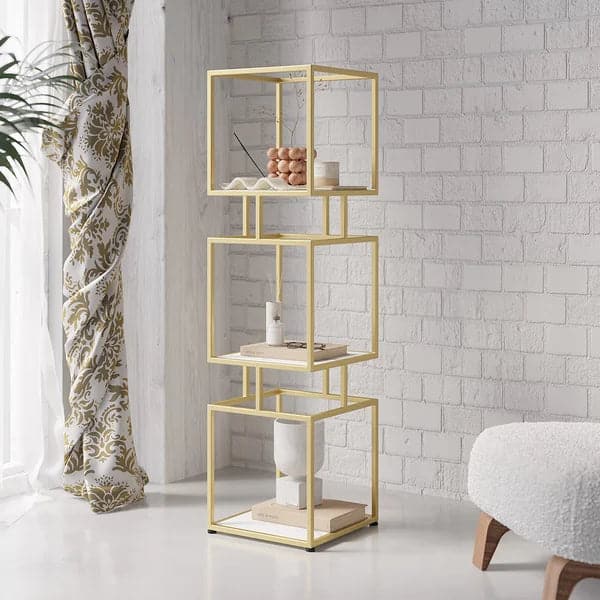 3-Tier Modern Black Cube Bookcase with Metal Tower Display Shelf in Gold Frame