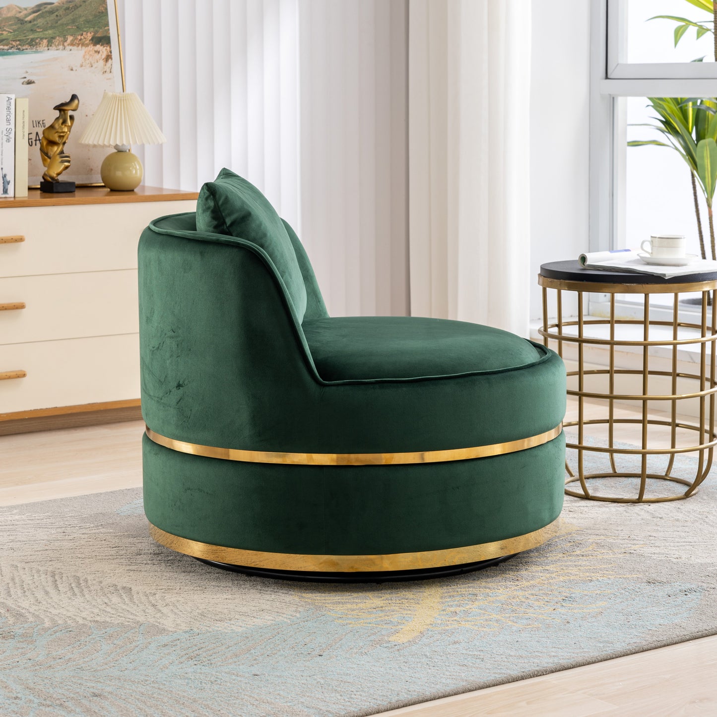 360 Degree Swivel Accent Chair Velvet Modern Upholstered Barrel Chair Over-Sized Soft Chair with Seat Cushion for Living Room, Bedroom, Office, Apartment, Green