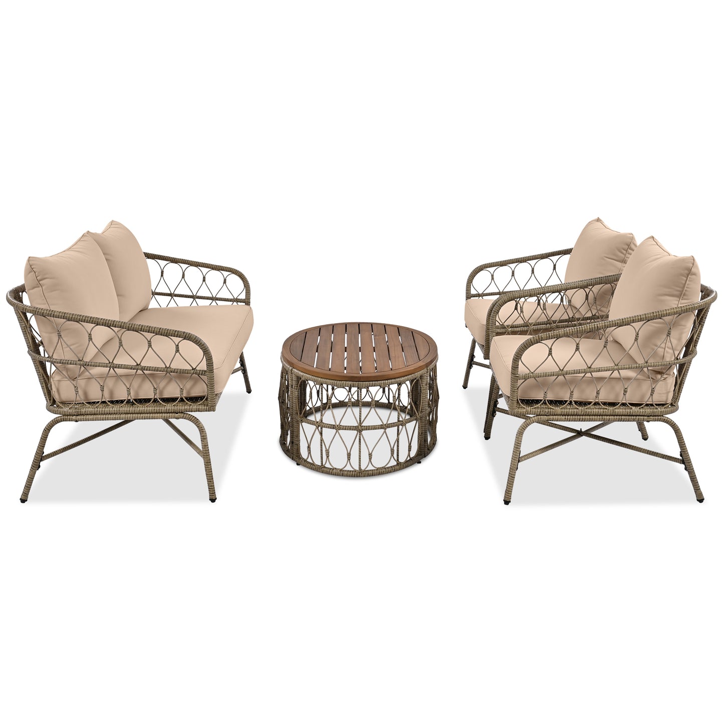 Bohemia-Inspired 4-Person Outdoor Seating Group - Removable Cushions and Wood Tabletop, Beige Conversation Patio Set