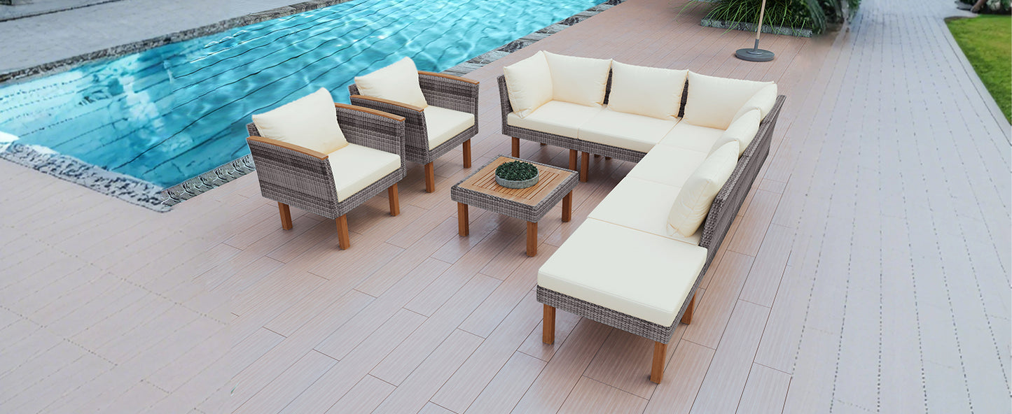 9-Piece Patio Rattan Furniture Set, Outdoor Conversation Set With Acacia Wood Legs and Tabletop, PE Rattan Sectional Sofa Set with Coffee Table, Washable Cushion, Beige