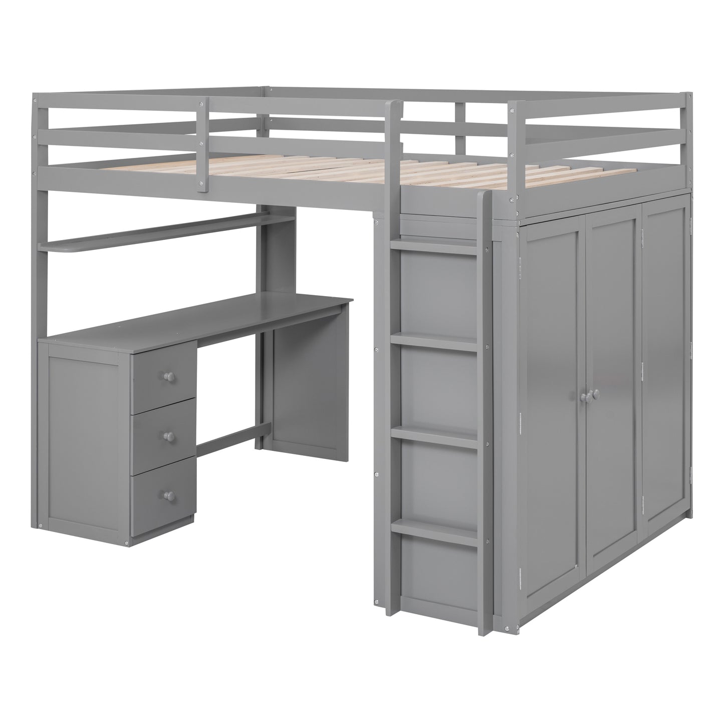 Lit mezzanine pleine grandeur avec tiroirs, bureau et armoire - Gris