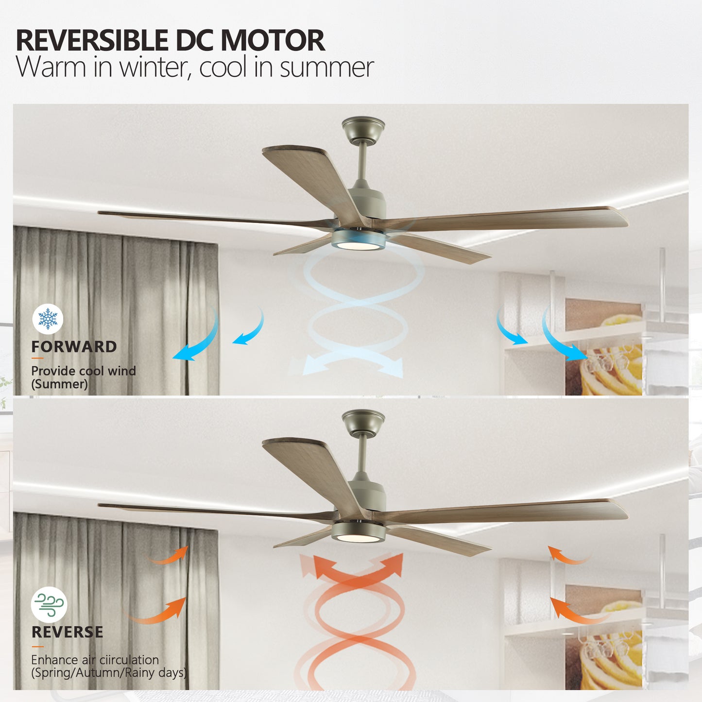 60" Modern Wood Ceiling Fan with Light and Remote Control,6-Speed Noiseless Reversible DC Motor, Ceiling Fan for Kitchen Dinning Living Room