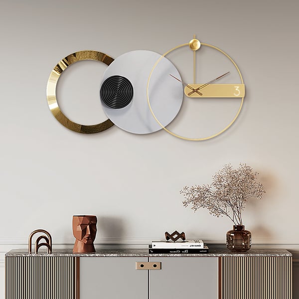 Grande horloge murale ronde grise et dorée de 33 "x 18", avec pointeur en bois, décoration d'intérieur moderne, Art