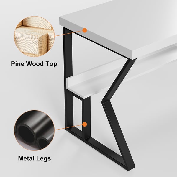 White Wooden Writing Desk Computer Desk with Shelf & Drawer Black Legs