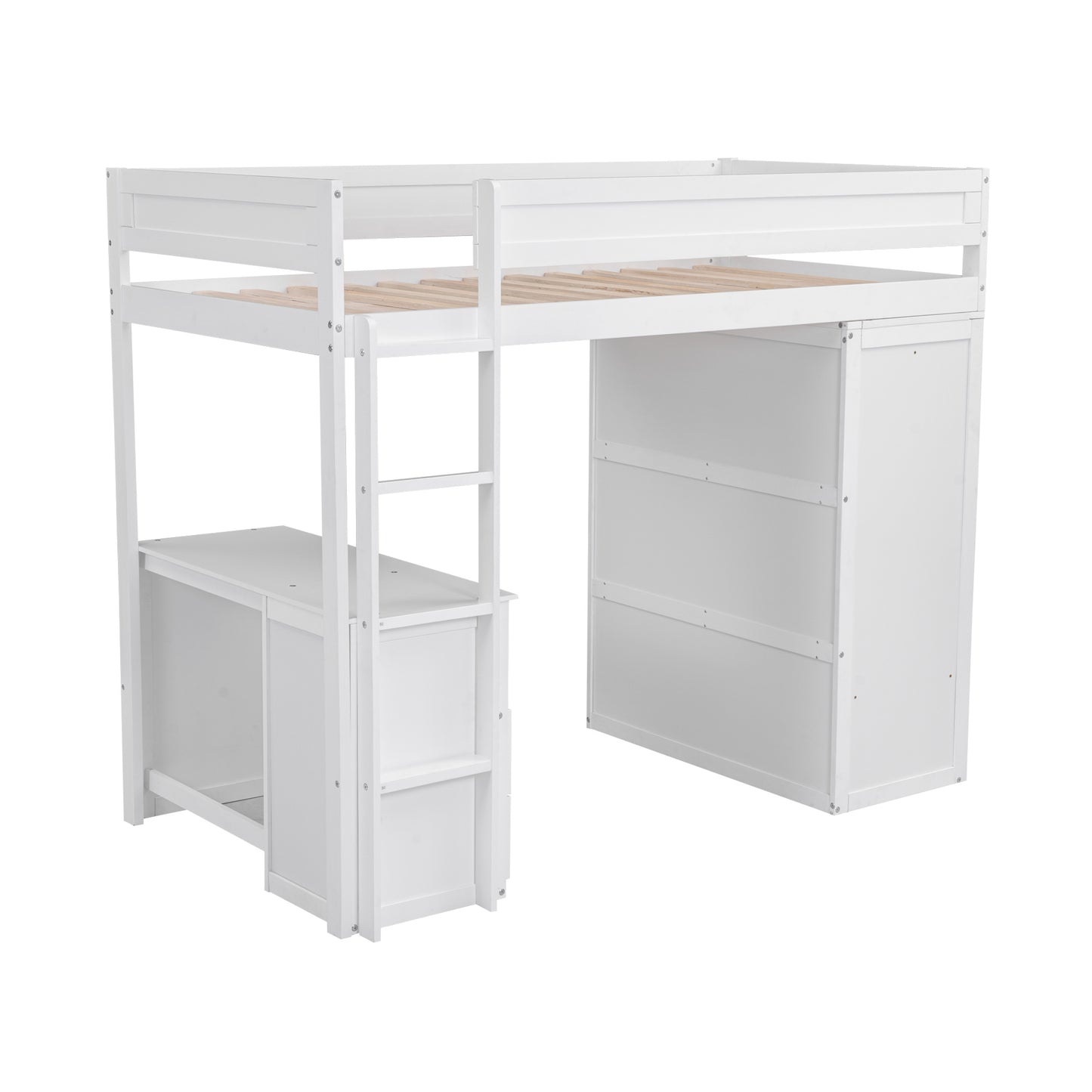 Lit mezzanine double en bois avec armoires et bureau à 2 tiroirs avec armoire, blanc