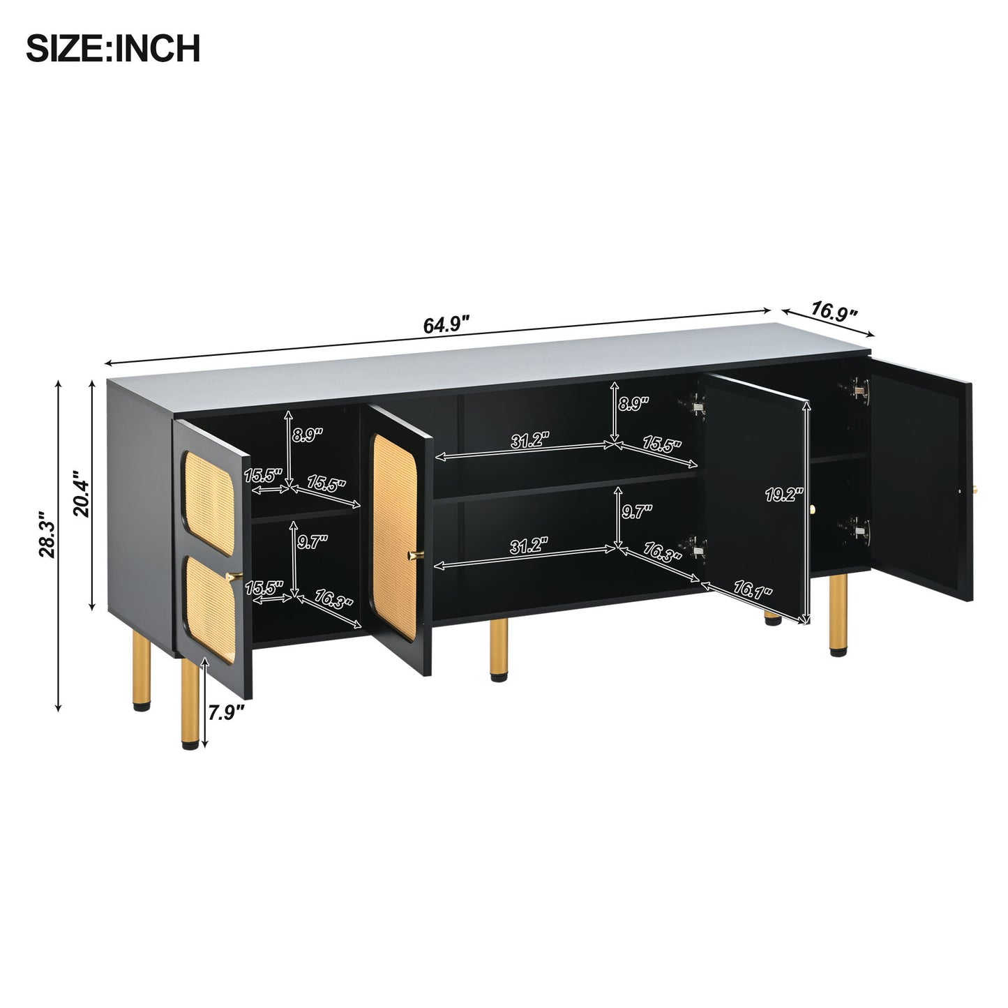 ON-TREND Boho style TV Stand with Rattan Door, Woven Media Console Table for TVs Up to 70'', Country Style Design Side Board with Gold Metal Base for Living Room, Black.