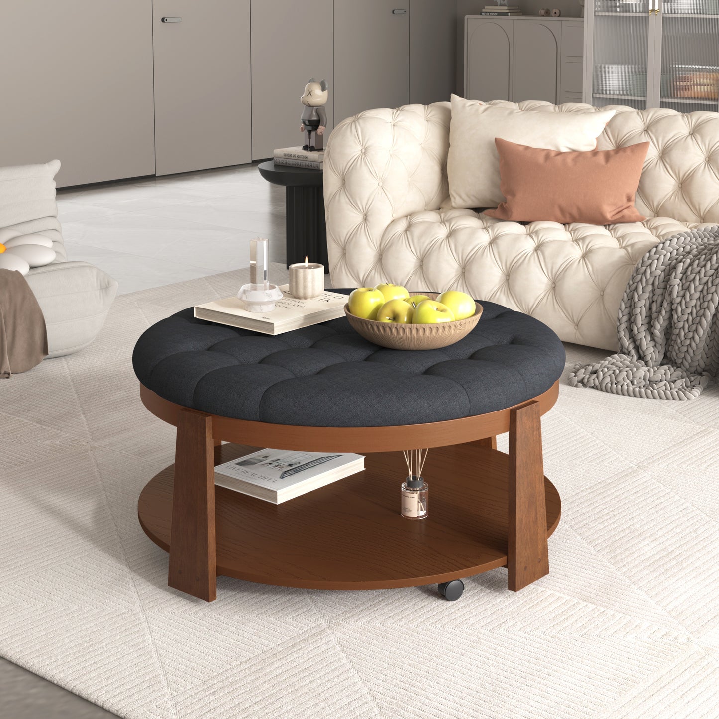 Modern Large Round Ottoman Coffee Table 2-Tier Oversized Button Tufted Ottoman with Wood Shelf Storage Upholstered Coffee Table for Living Room Footrest Ottoman with wheel, waterproof Linen