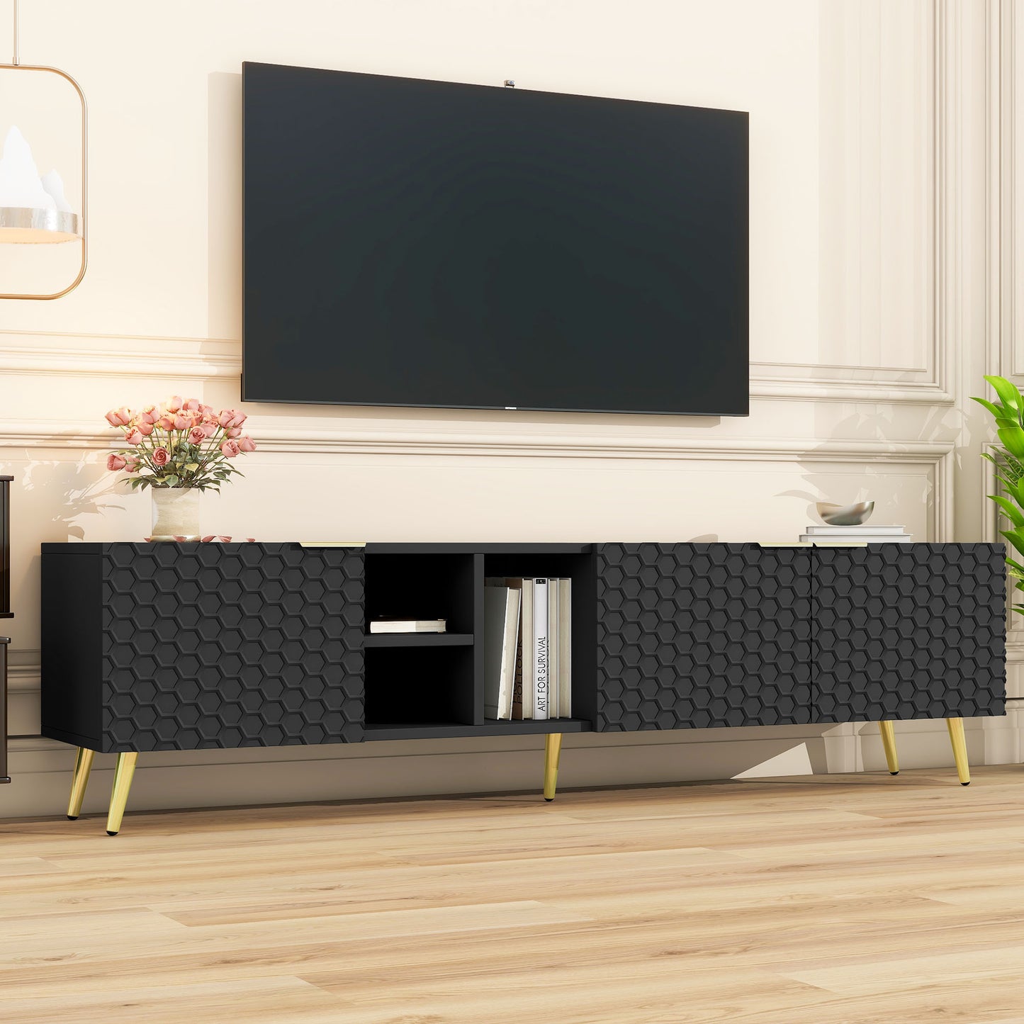 ON-TREND Modern Minimalist Geometric TV Cabinet with Metal Handles and Gold Legs for TVs Up to 80'', Multi-functional TV Stand with Storage Cabinets, Entertainment Center for Living Room, Black