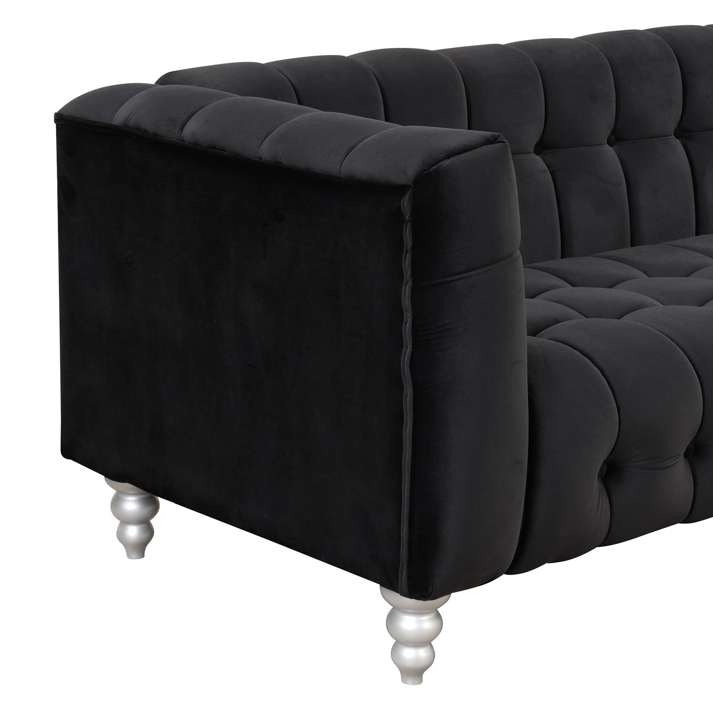 Modern 3-piece sofa set with solid wood legs, buttoned tufted backrest, Dutch fleece upholstered sofa set including three-seater sofa, double seat and living room furniture set single chair, black