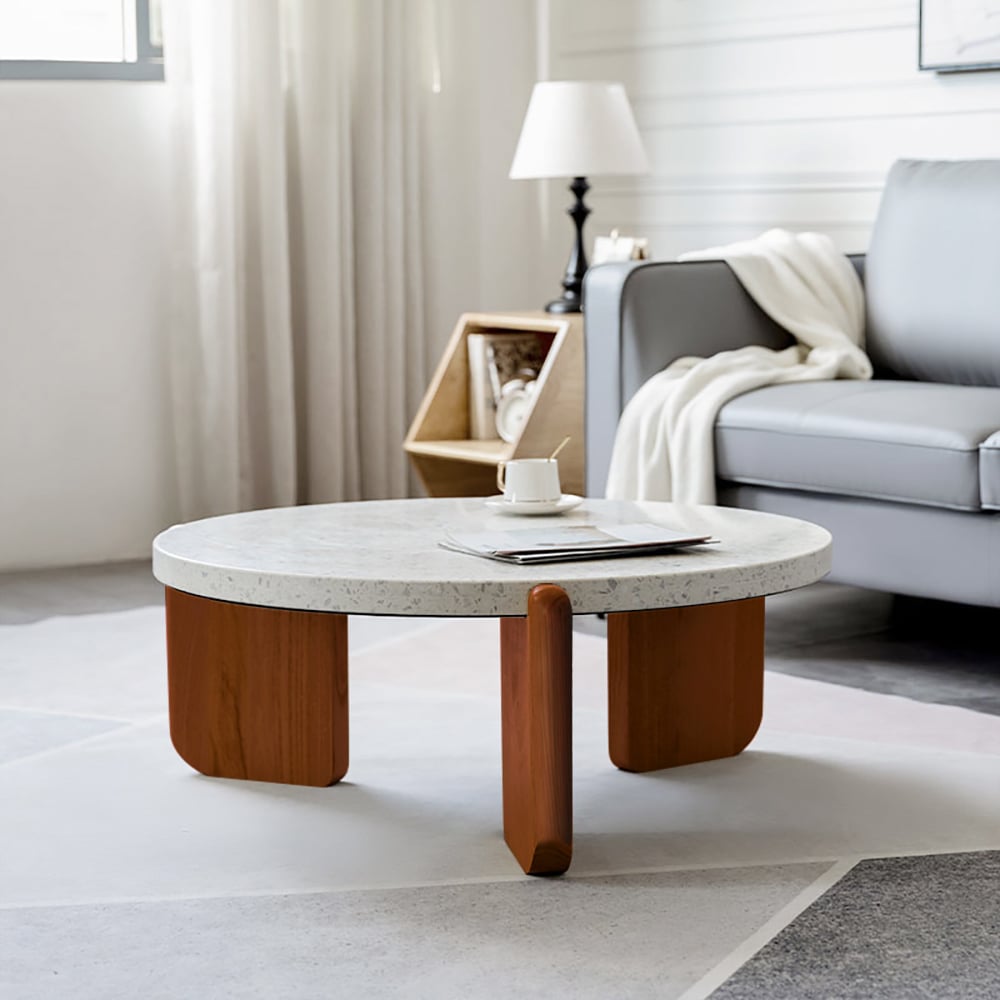 34" White Round Terrazzo Coffee Table with Pine Wood Legs in Walnut