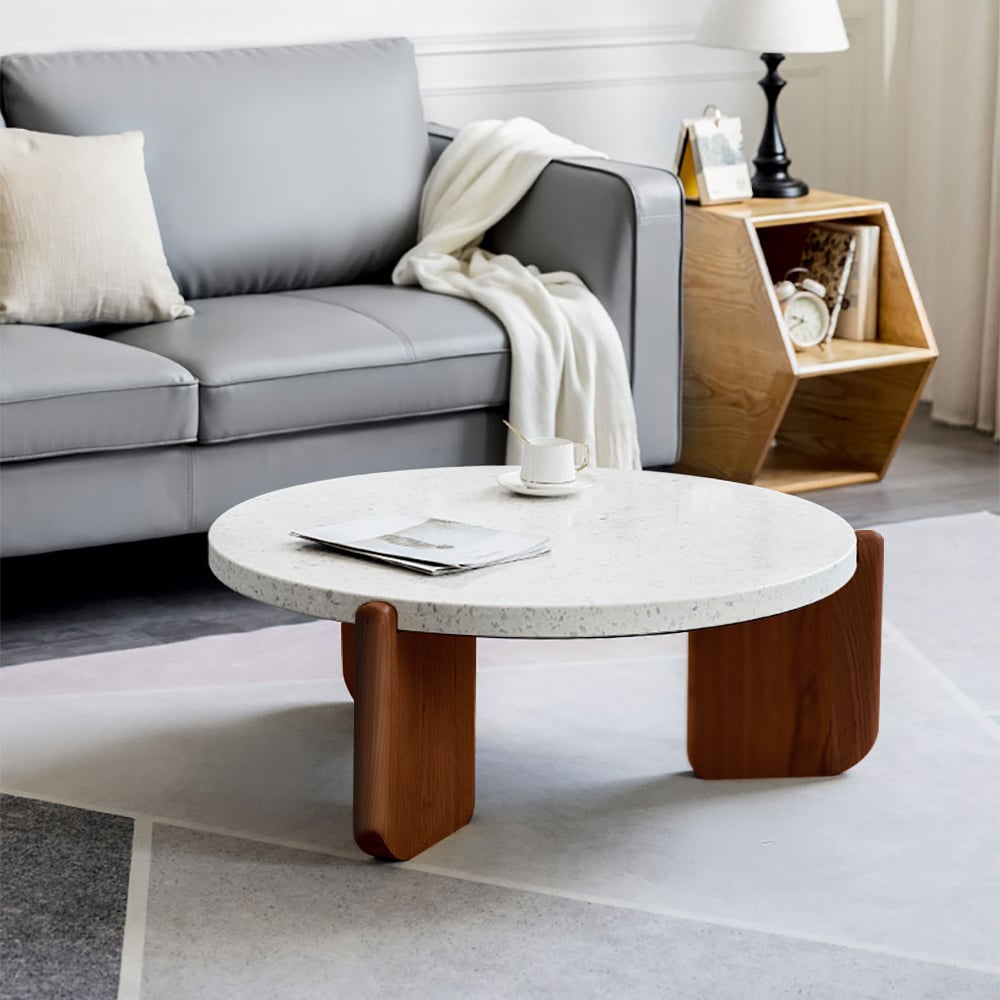 34" White Round Terrazzo Coffee Table with Pine Wood Legs in Walnut