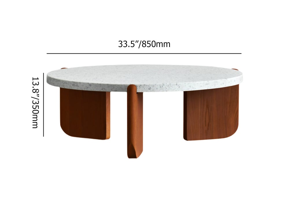 34" White Round Terrazzo Coffee Table with Pine Wood Legs in Walnut