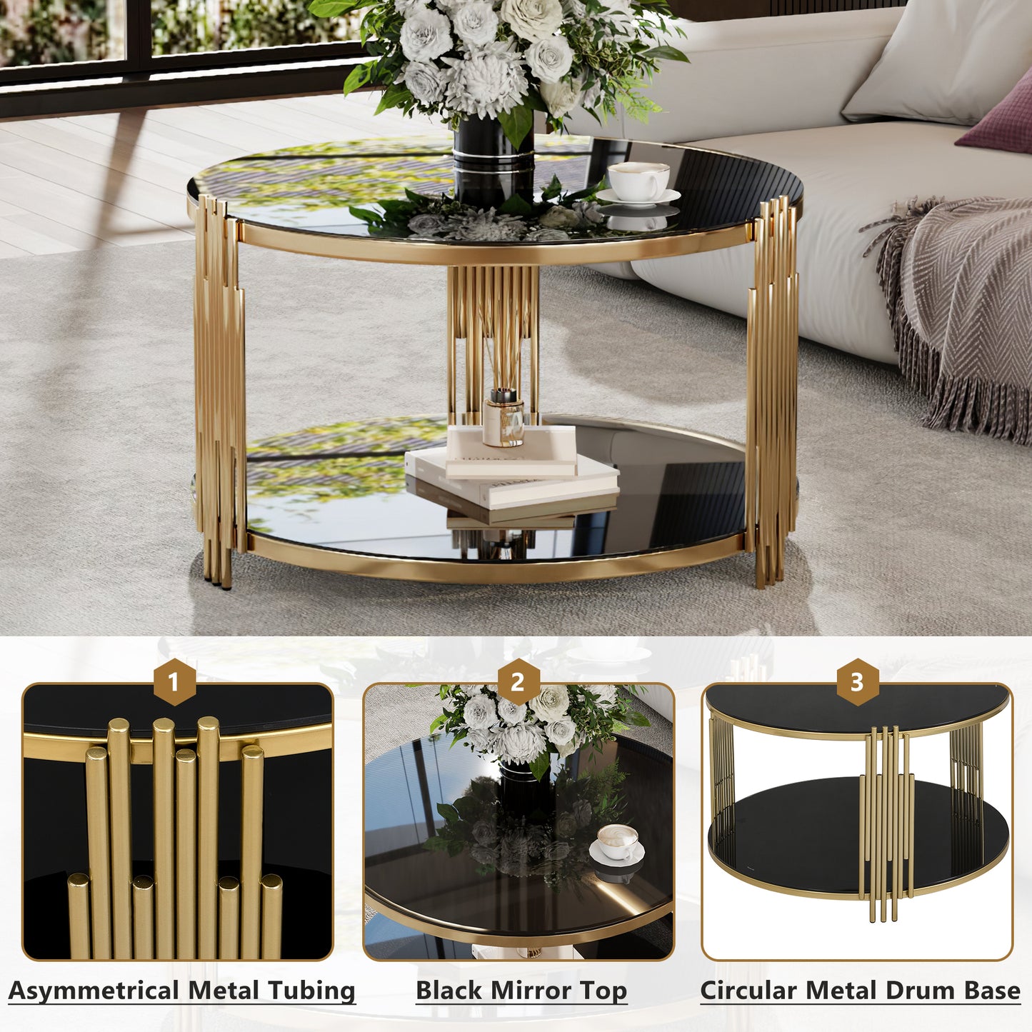 Modern Black Mirror Coffee Table, Asymmetrical Metal, Circular Metal Drum Base, Gold Finish & Lower Shelf