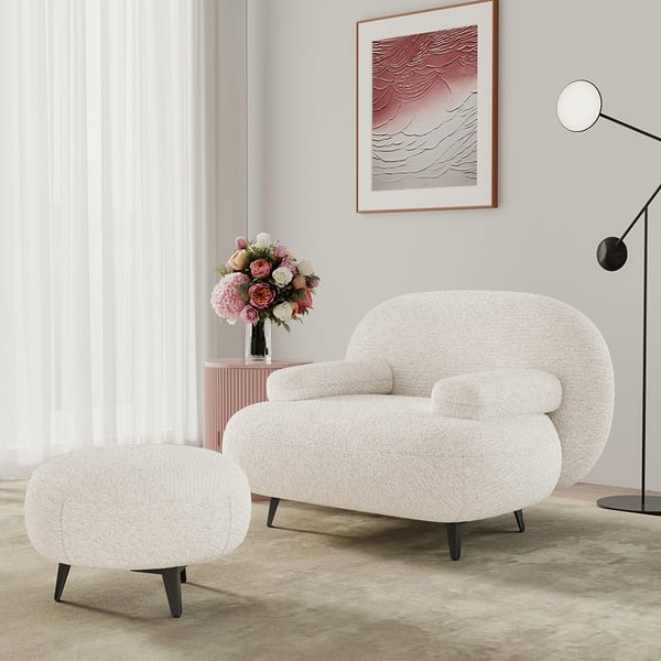 Chaise d'appoint moderne en boucle crème blanche avec pouf ottoman, chaise longue avec repose-pieds