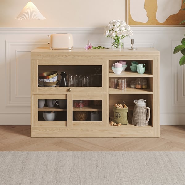 Natural Storage Sideboard Cabinet Extendable Wood Buffet Foldable Dining Table