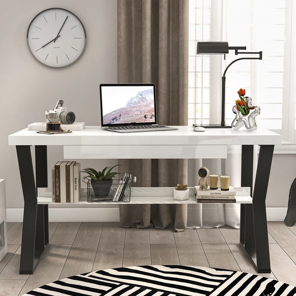 White Rectangular Writing Desk Computer Desk with Shelf & Keyboard Tray