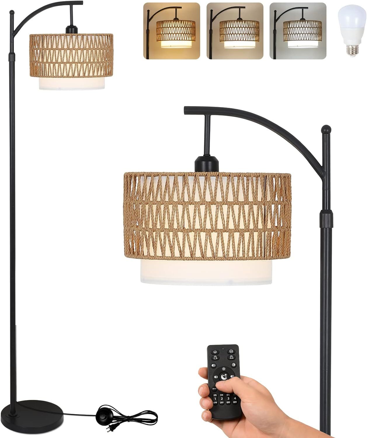 Arc Floor Lamp for Living Room with 3 Color Temperatures, Farmhouse Floor Lamps with Remote & Dimmable Bulb, Boho Standing Lamp with Rattan & Fabric Shades, Adjustable Tall Lamp for Bedroom, Office