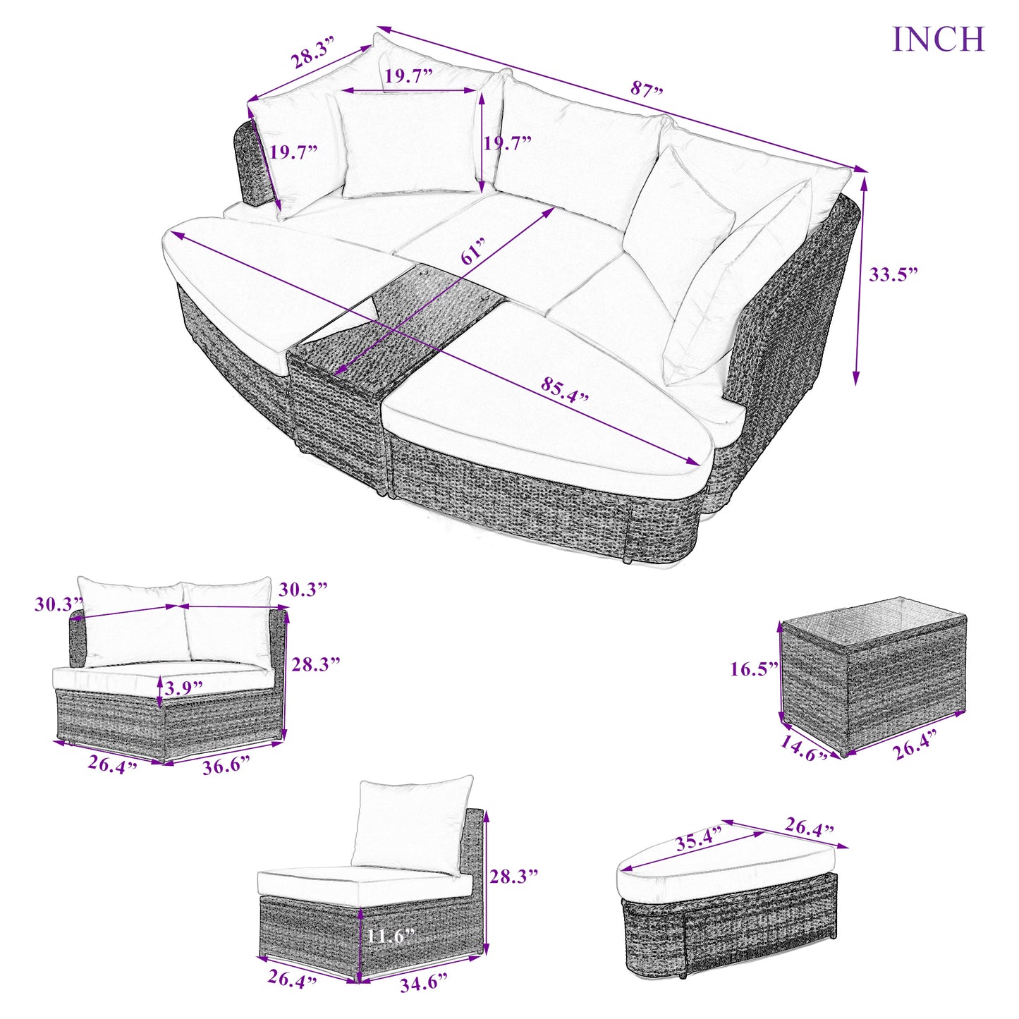 TOPMAX 6-Piece Patio Outdoor Conversation Round Sofa Set, PE Wicker Rattan Separate Seating Group with Coffee Table, Beige