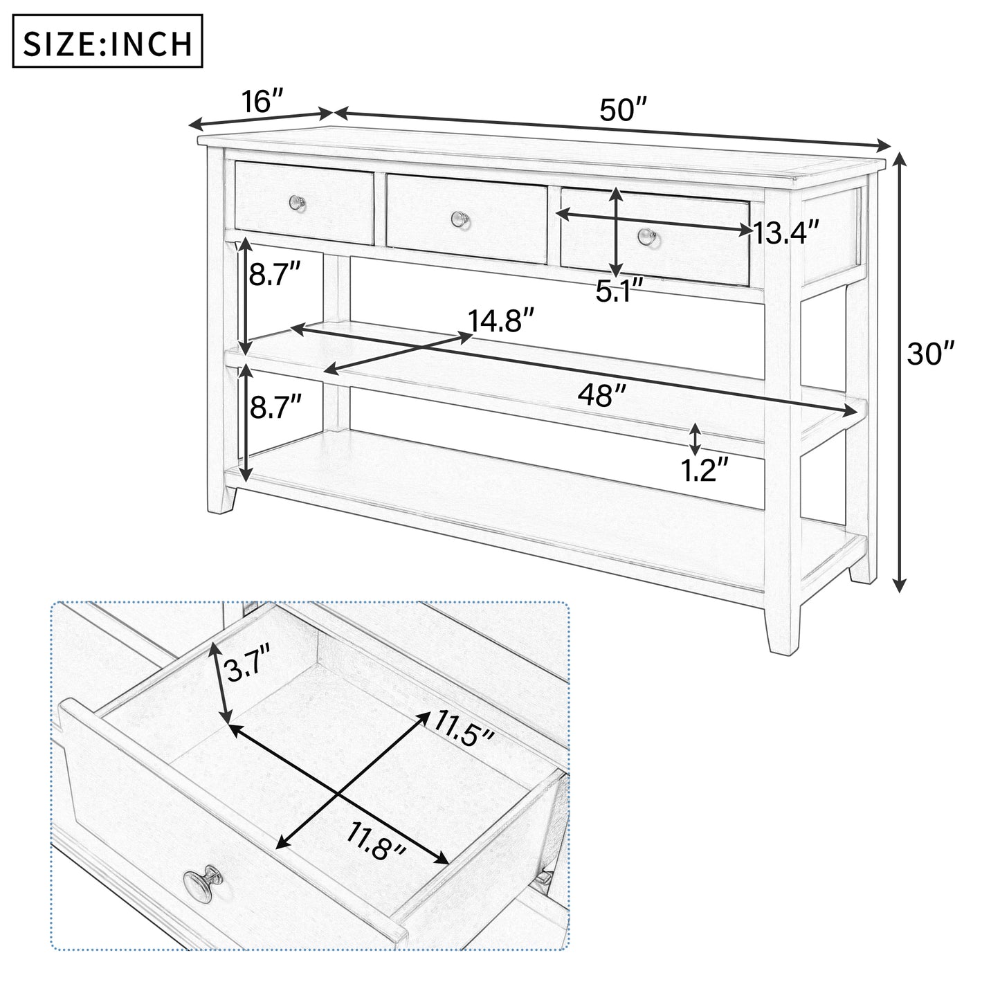 TREXM Retro Design Console Table with Two Open Shelves, Pine Solid Wood Frame and Legs for Living Room (Espresso)